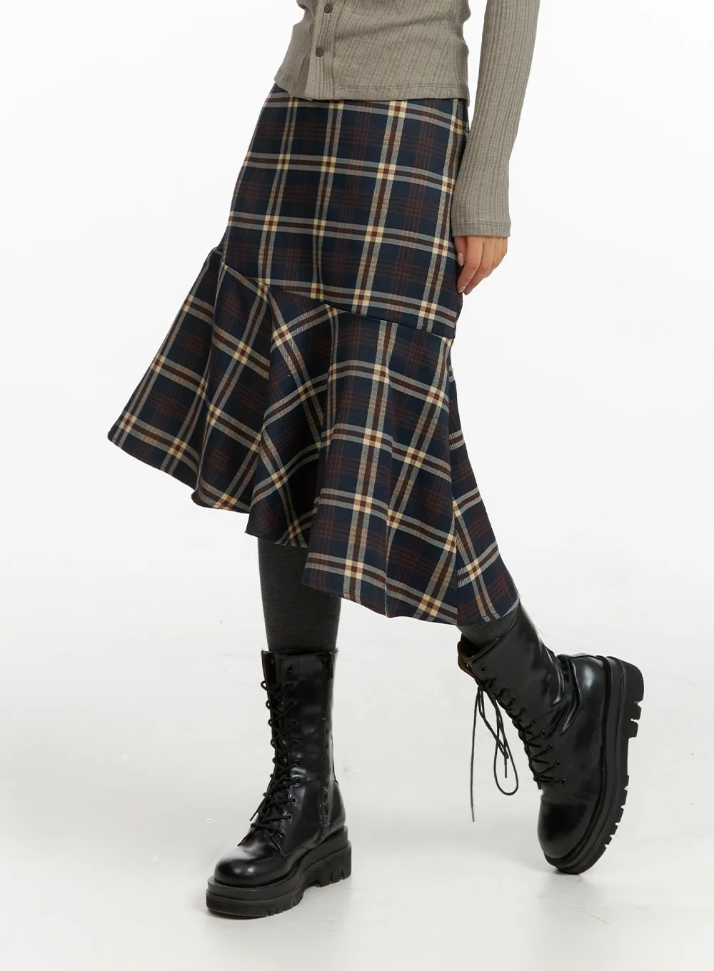 Asymmetrical Flare Check Midi Skirt CF408