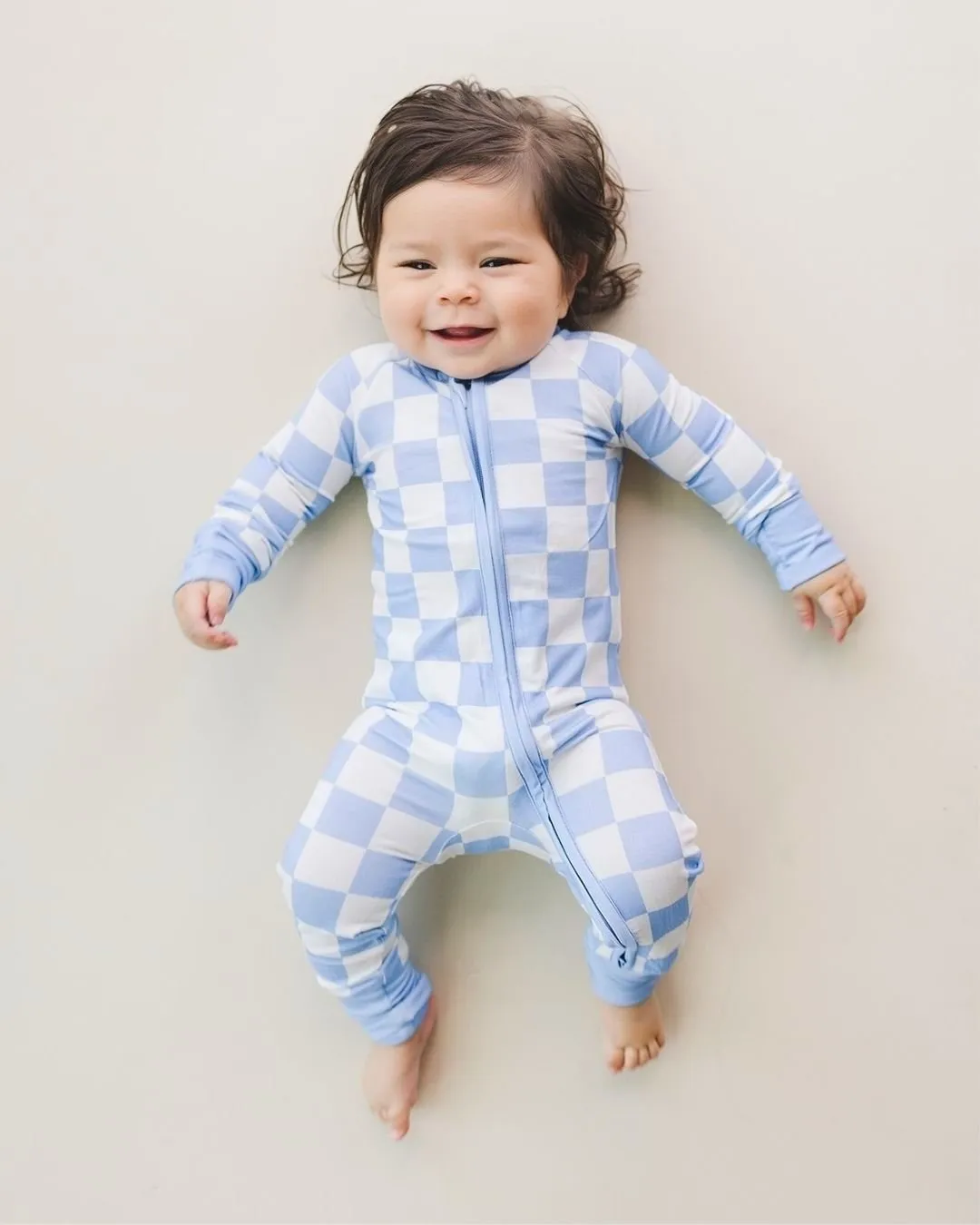 Bamboo Zip Romper | Blue Checkered