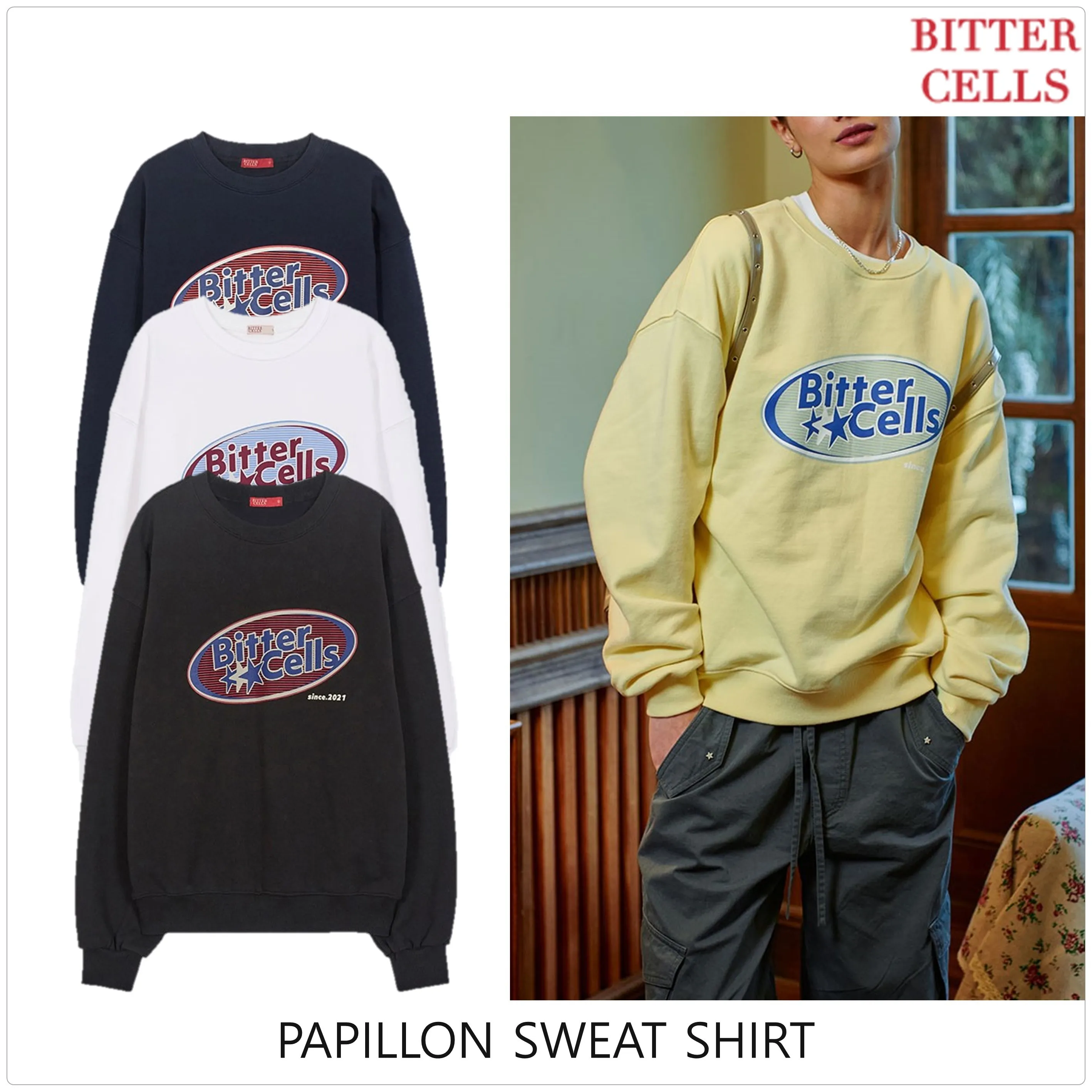 BITTER CELLS  |Crew Neck Street Style Long Sleeves Plain Cotton Logo