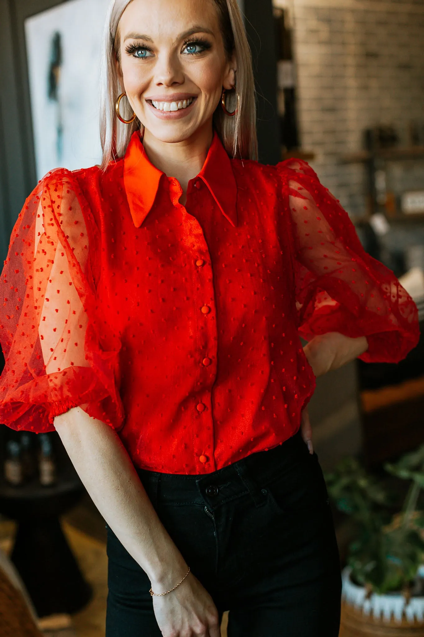 Button Down Sheer Blouse - 2 Colors