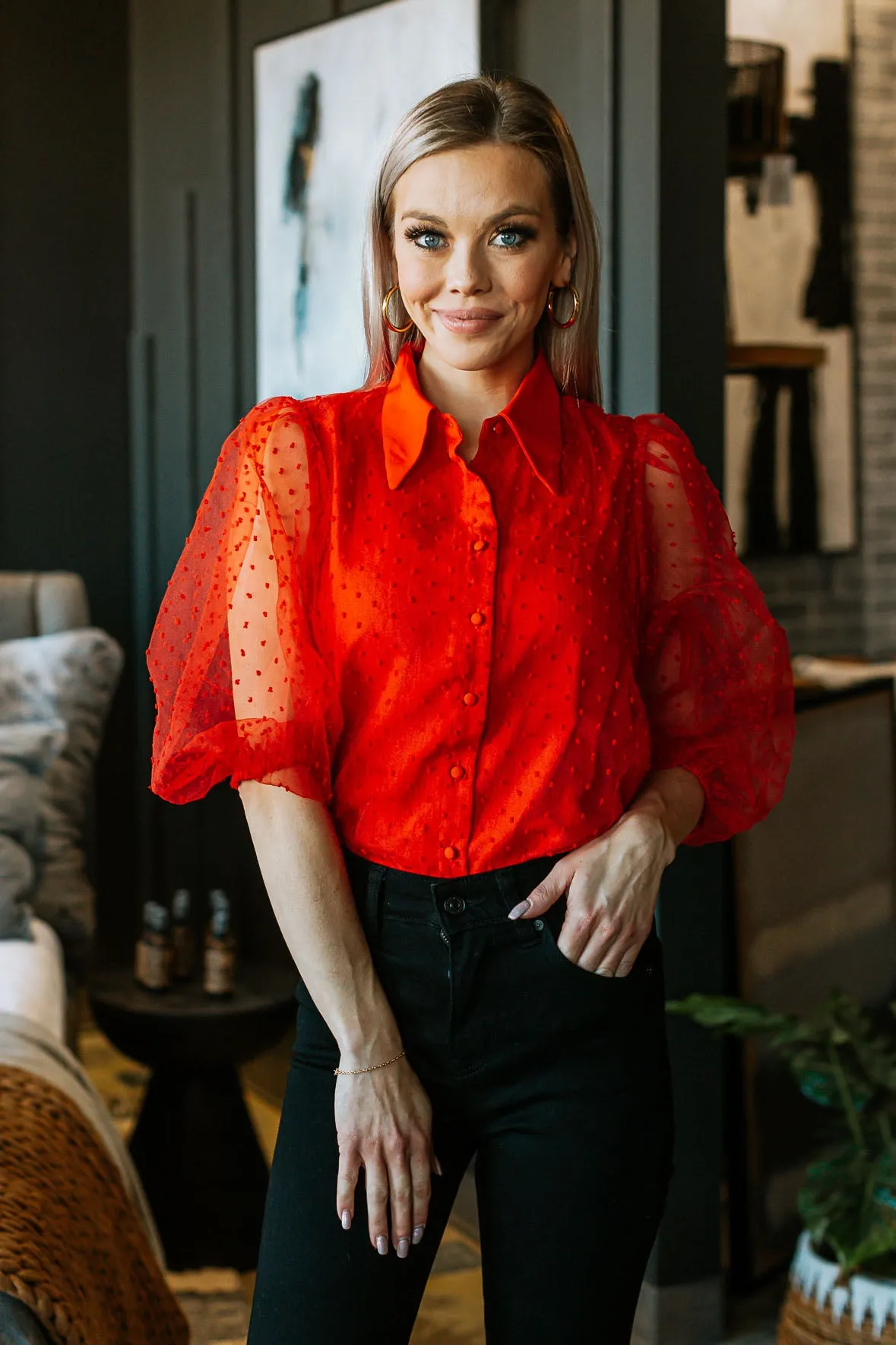 Button Down Sheer Blouse - 2 Colors