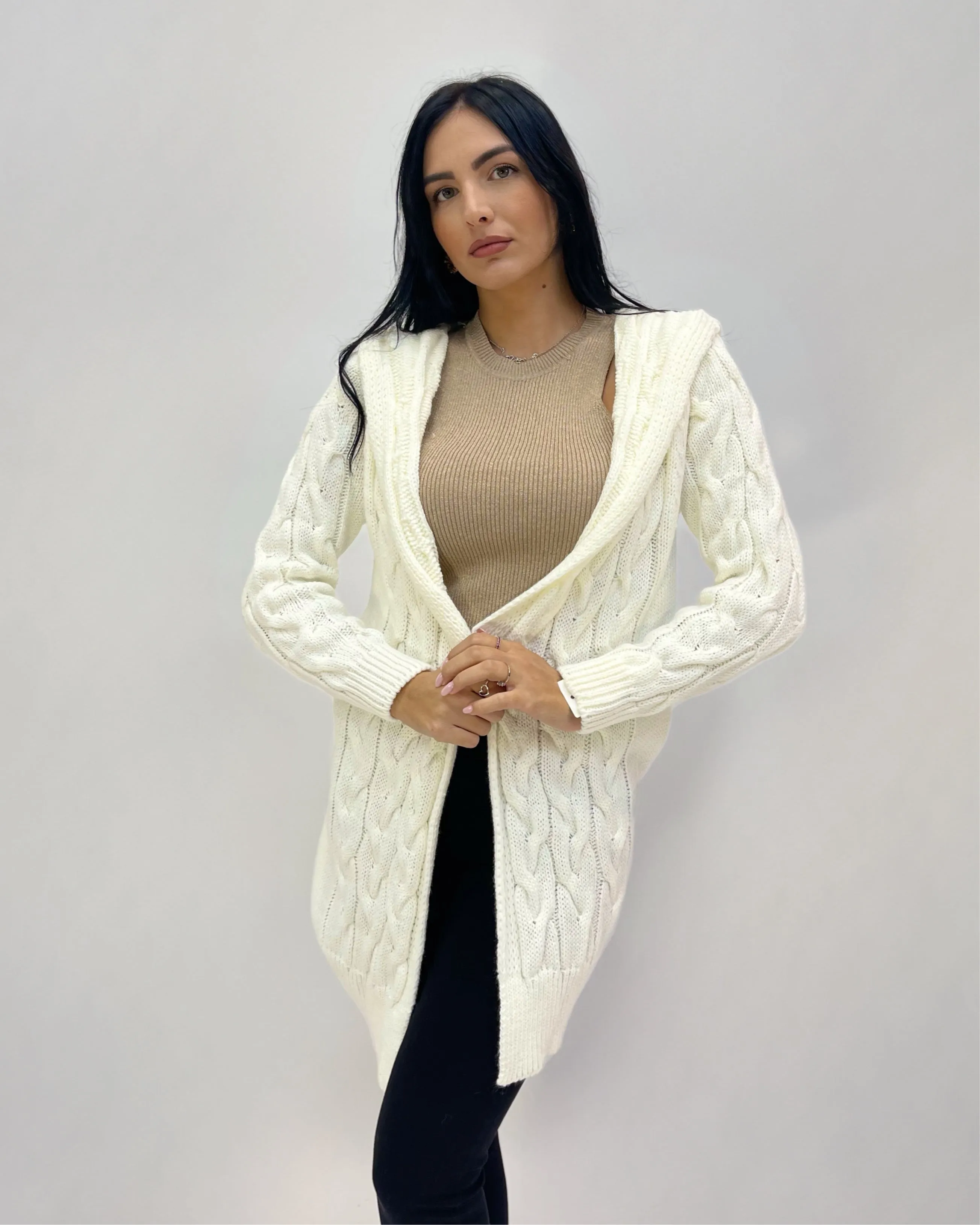 Cardigan intrecciato con cappuccio