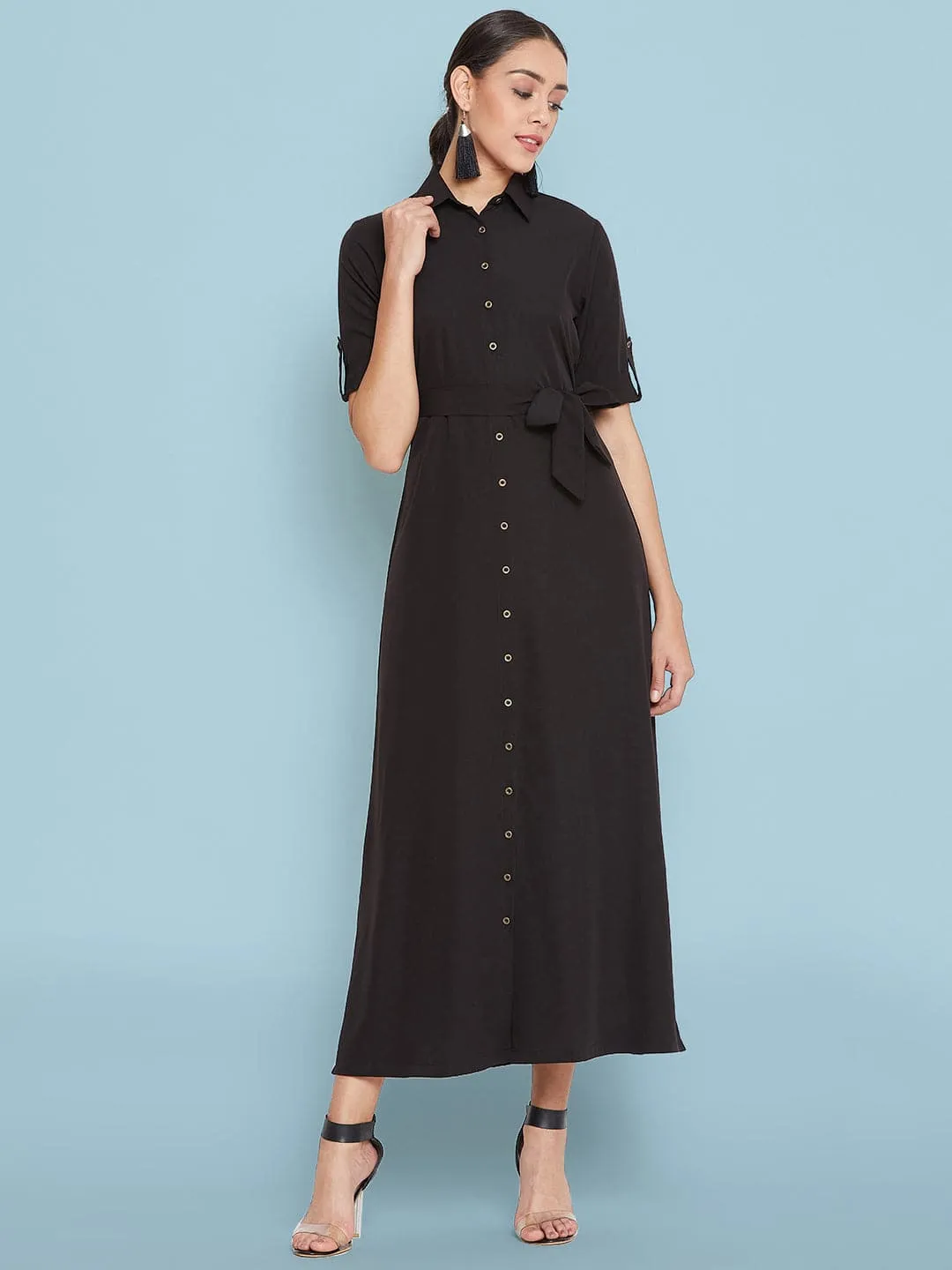 Collar Buttoned Down Shirt Maxi Dress