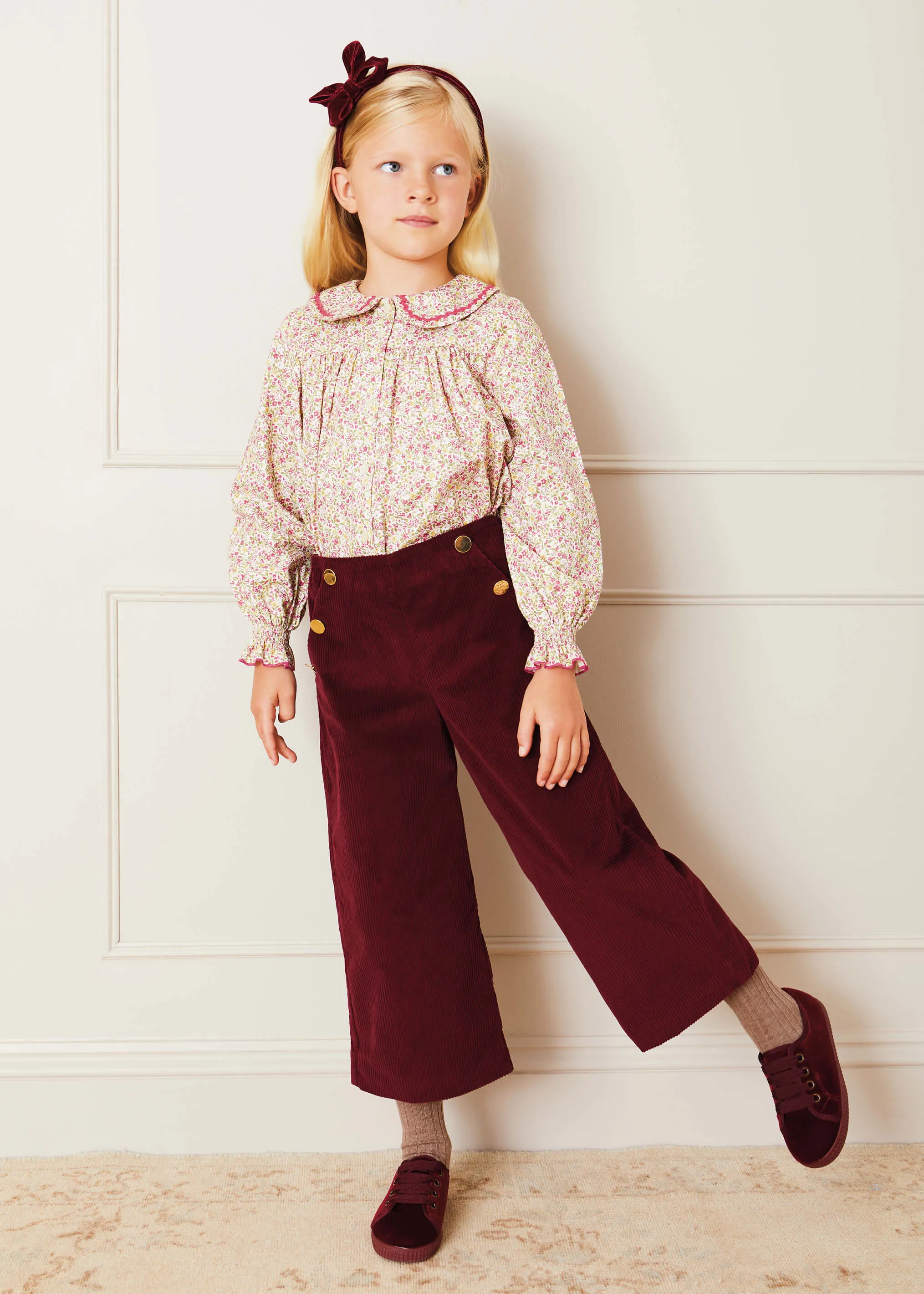 Corduroy Wide Leg Gold Button Trousers in Burgundy (4-10yrs)