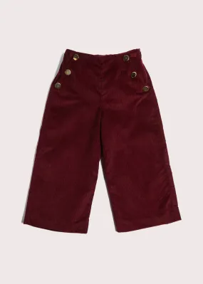 Corduroy Wide Leg Gold Button Trousers in Burgundy (4-10yrs)