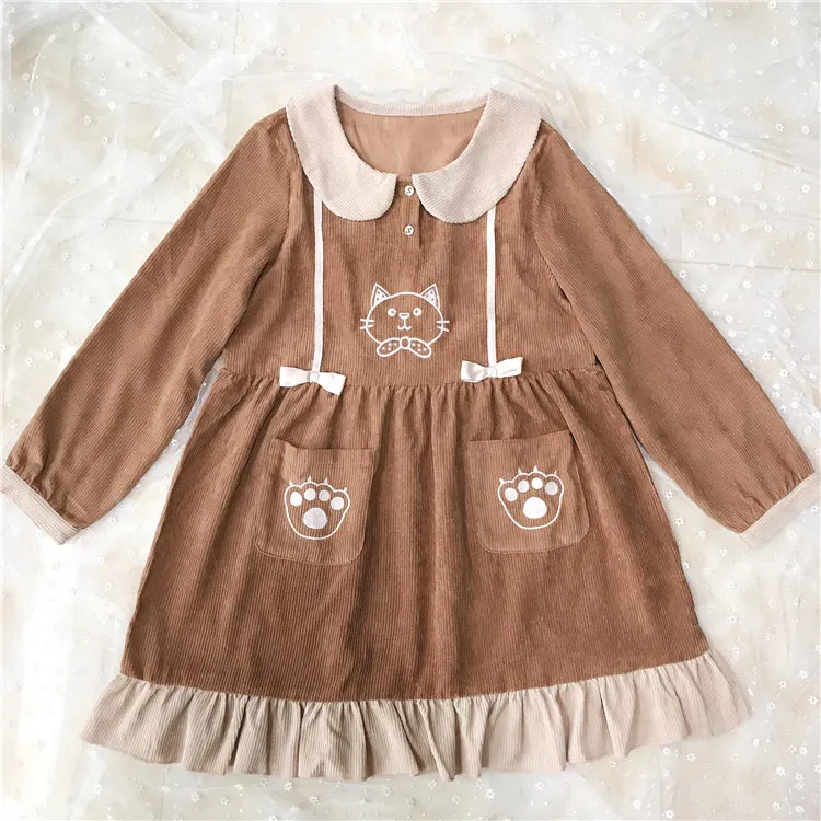 CUTE CAT EMBROIDERY CORDUROY DRESS BY71115