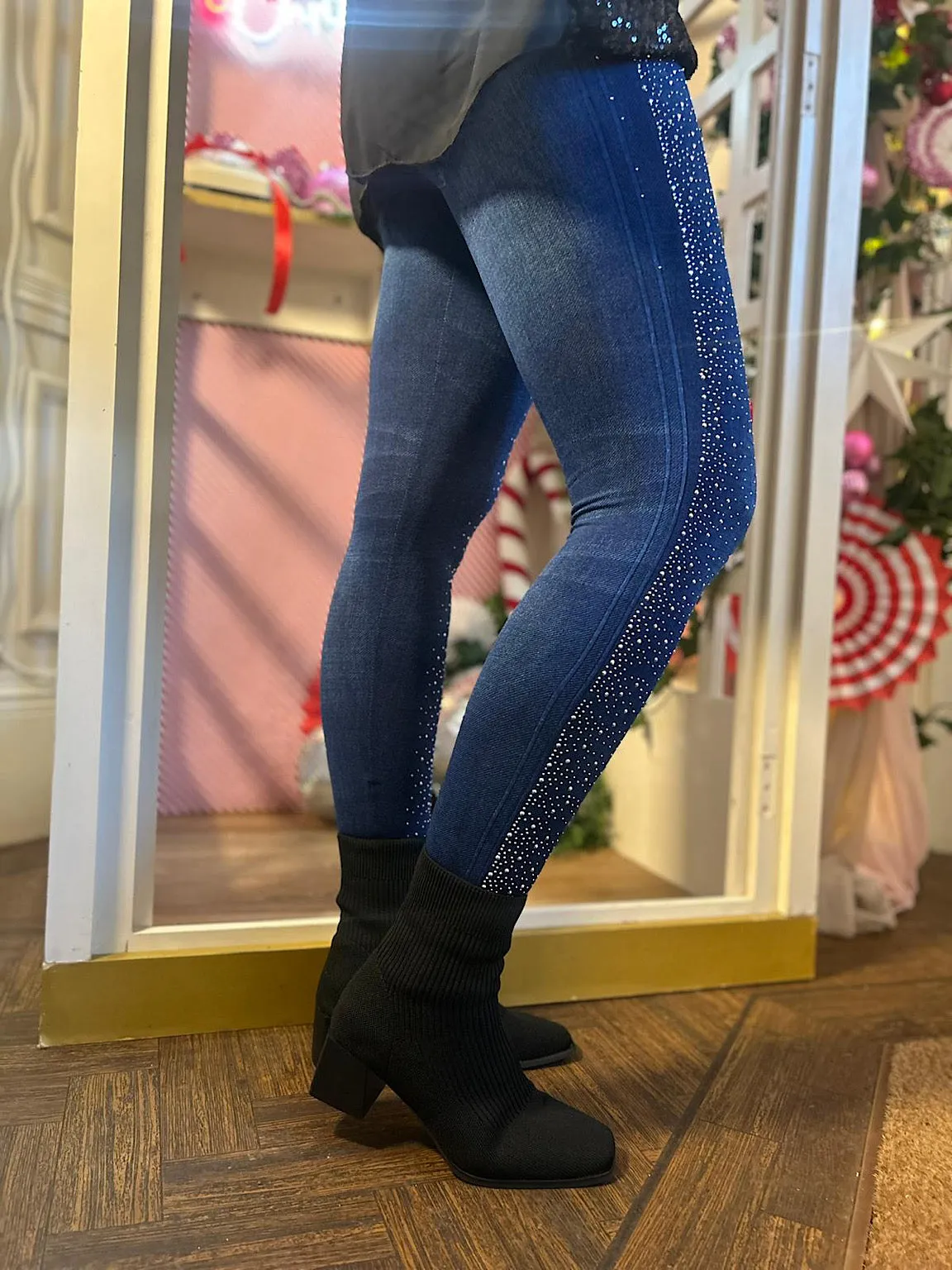 Denim Diamante Jean Look Leggings