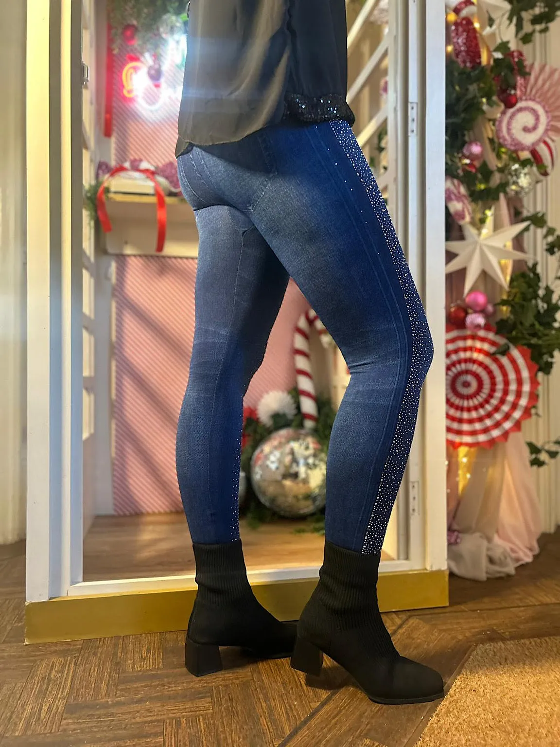 Denim Diamante Jean Look Leggings