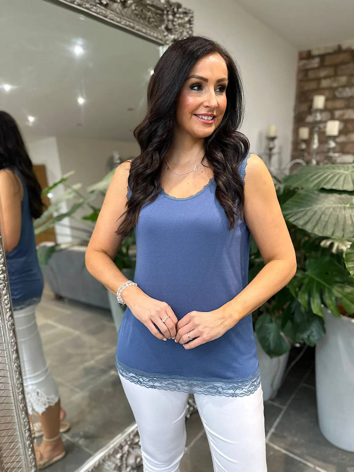 Denim Lace Trim Vest Top Ruth