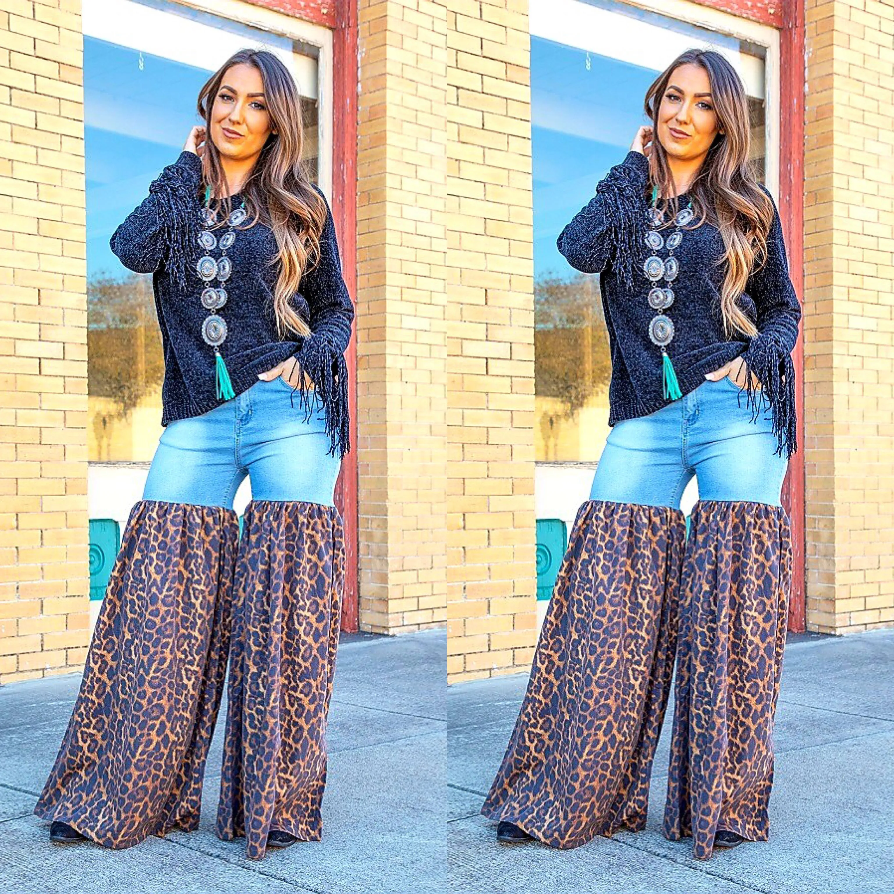 Distressed Light Denim Animal Print Palazzo Wide Leg Jeans