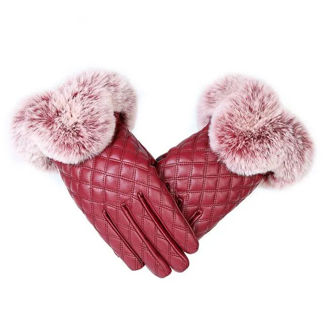 Elegant Girls Synthetic Leather with Rabbit Fur Free Size Winter Gloves