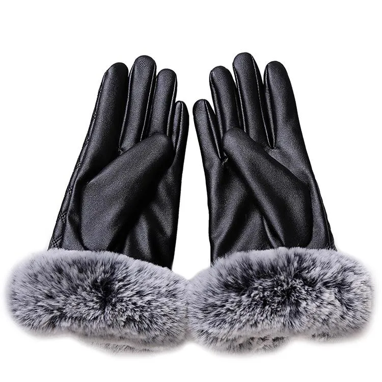 Elegant Girls Synthetic Leather with Rabbit Fur Free Size Winter Gloves