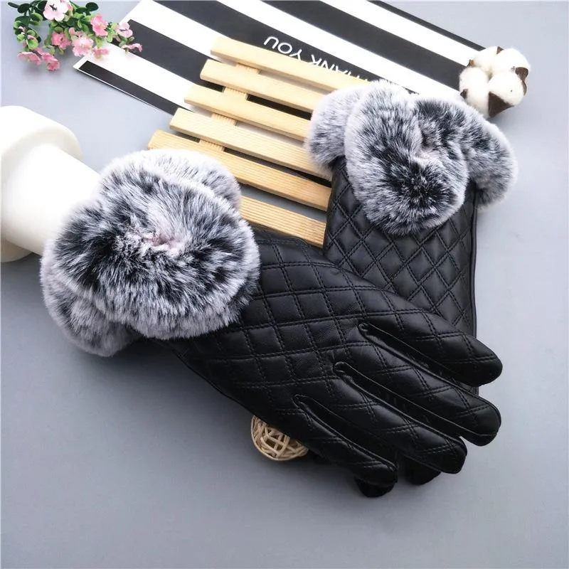 Elegant Girls Synthetic Leather with Rabbit Fur Free Size Winter Gloves