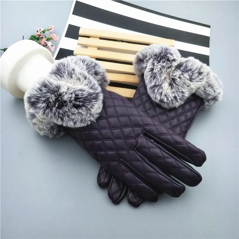 Elegant Girls Synthetic Leather with Rabbit Fur Free Size Winter Gloves