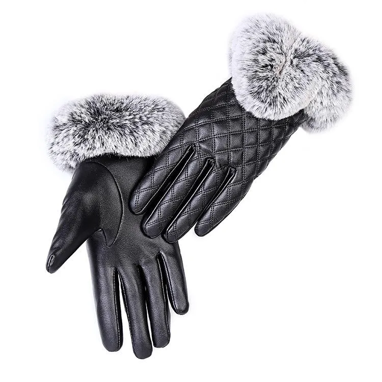 Elegant Girls Synthetic Leather with Rabbit Fur Free Size Winter Gloves