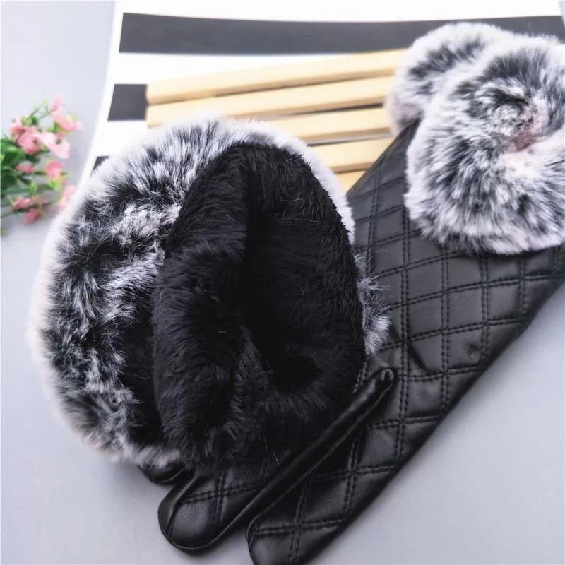 Elegant Girls Synthetic Leather with Rabbit Fur Free Size Winter Gloves