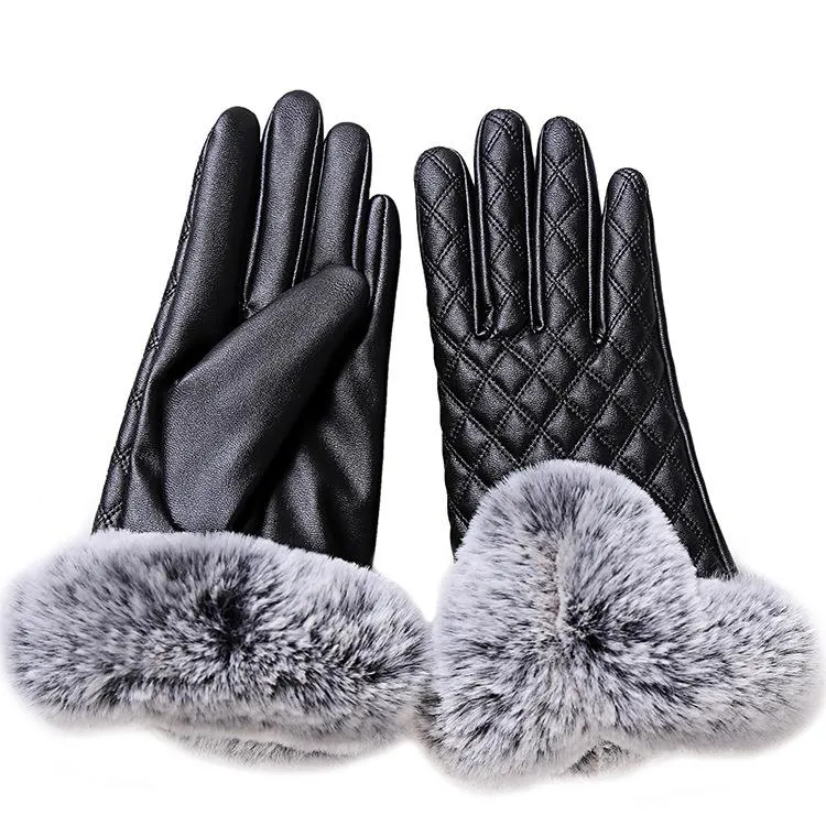 Elegant Girls Synthetic Leather with Rabbit Fur Free Size Winter Gloves