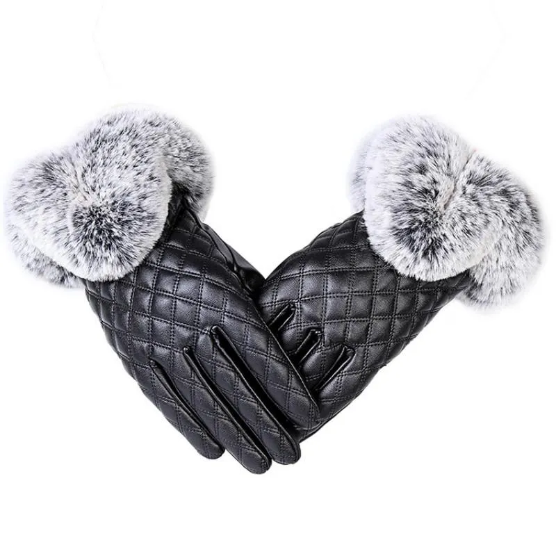 Elegant Girls Synthetic Leather with Rabbit Fur Free Size Winter Gloves