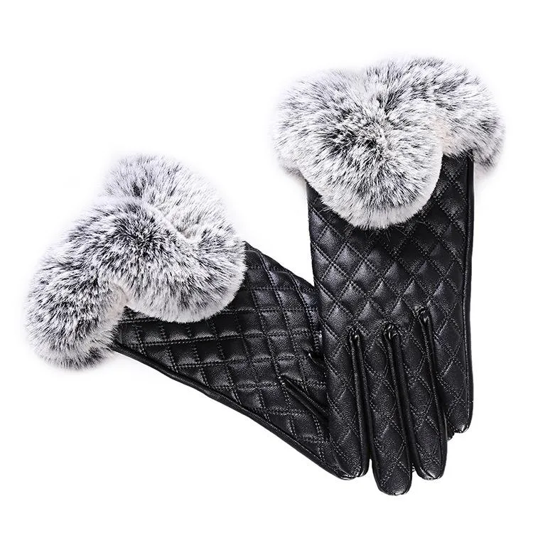 Elegant Girls Synthetic Leather with Rabbit Fur Free Size Winter Gloves