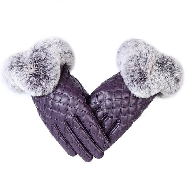 Elegant Girls Synthetic Leather with Rabbit Fur Free Size Winter Gloves