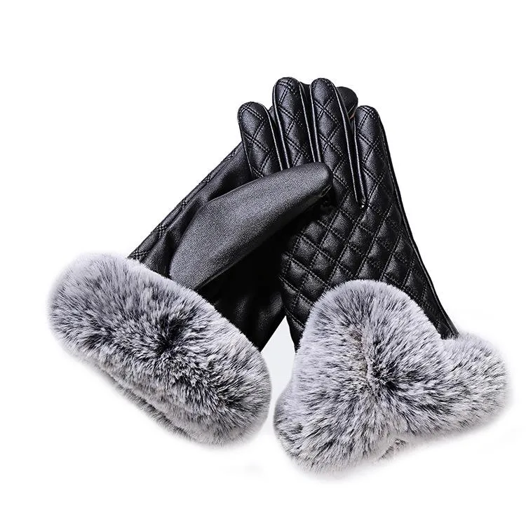 Elegant Girls Synthetic Leather with Rabbit Fur Free Size Winter Gloves