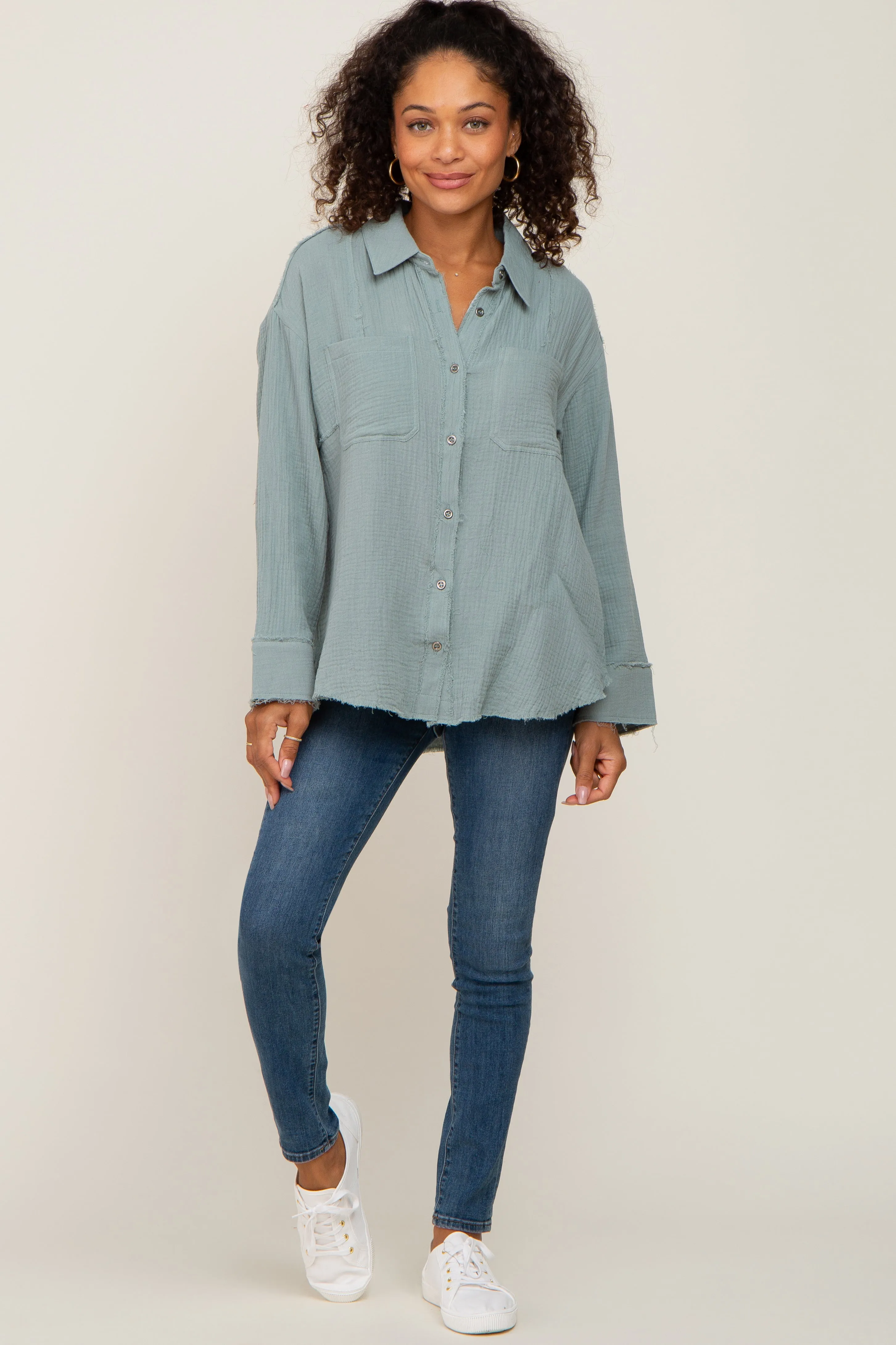 Green Button Down Collared Frayed Top