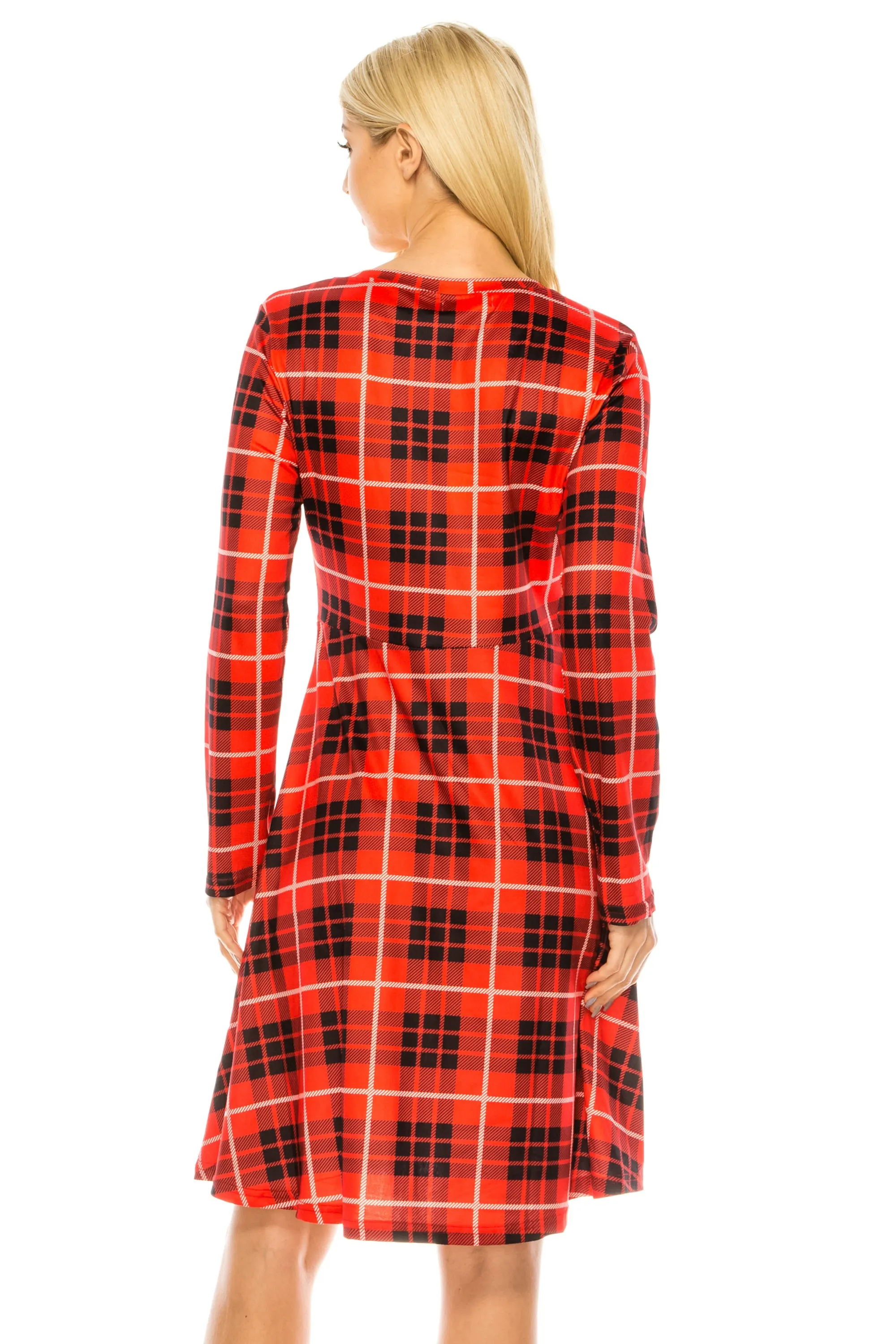 Haute Edition Women's Christmas Plaid & Solid Holiday Long Sleeve Skater Party Dress