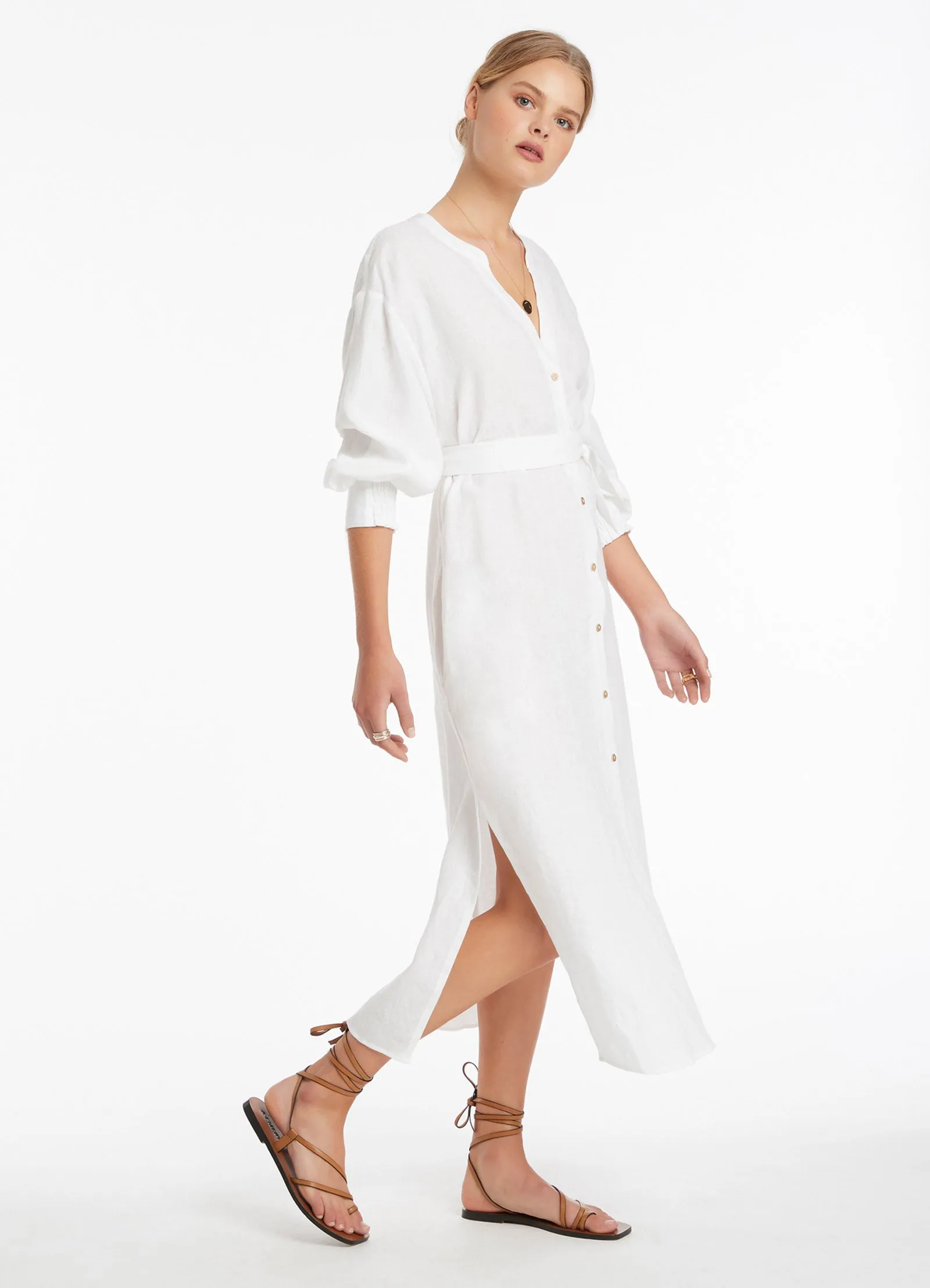 Jetset Shirred Cuff Shirt Dress - White