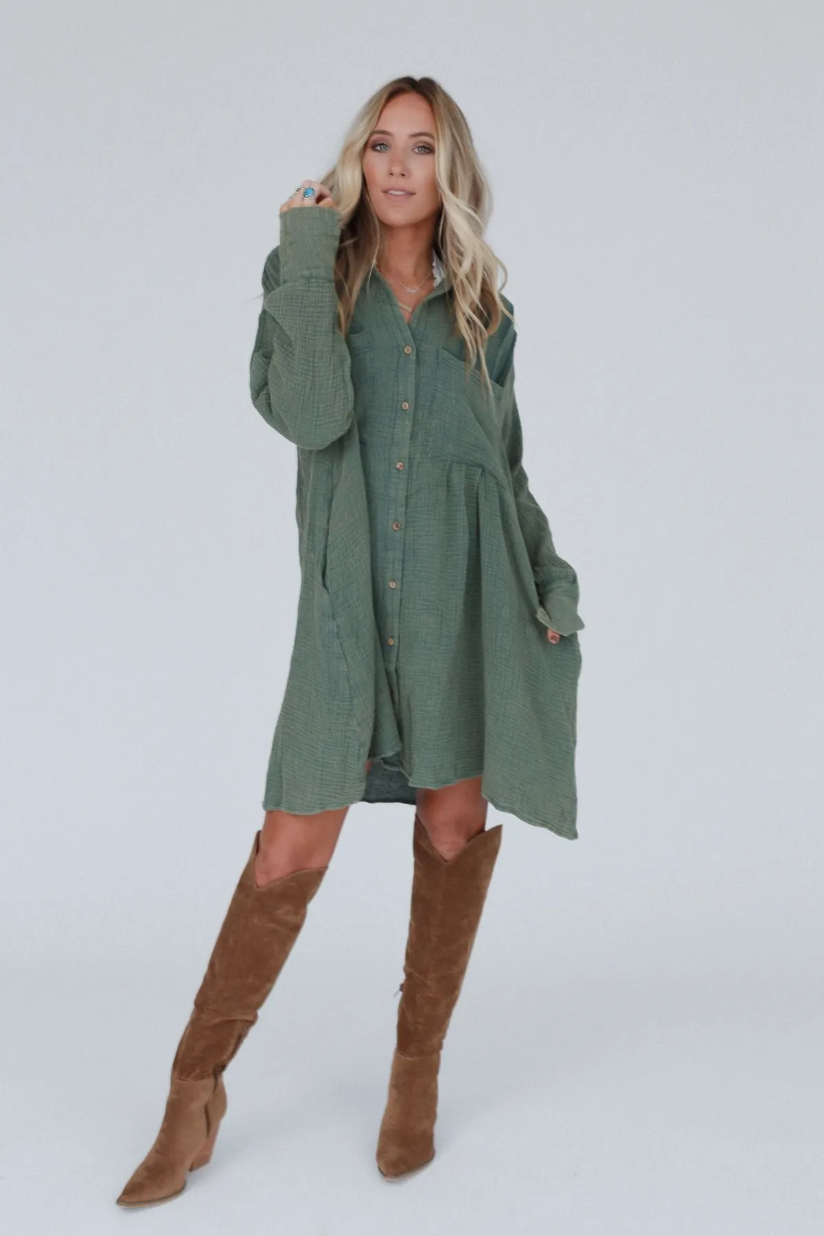 Marci Button Down Tunic Dress - Olive