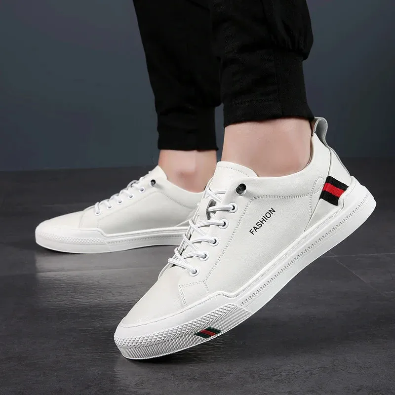 Men's Casual Synthetic Leather Striped Pattern Soft Sole Slip On Sneakers