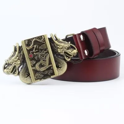 Men's Genuine Cowskin Leather Lighter Gas Cigarette Dragon Buckle Belt