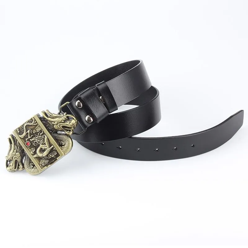 Men's Genuine Cowskin Leather Lighter Gas Cigarette Dragon Buckle Belt