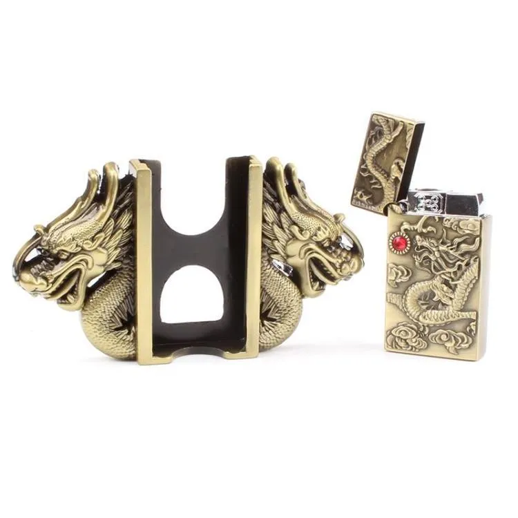 Men's Genuine Cowskin Leather Lighter Gas Cigarette Dragon Buckle Belt