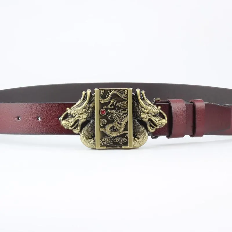 Men's Genuine Cowskin Leather Lighter Gas Cigarette Dragon Buckle Belt