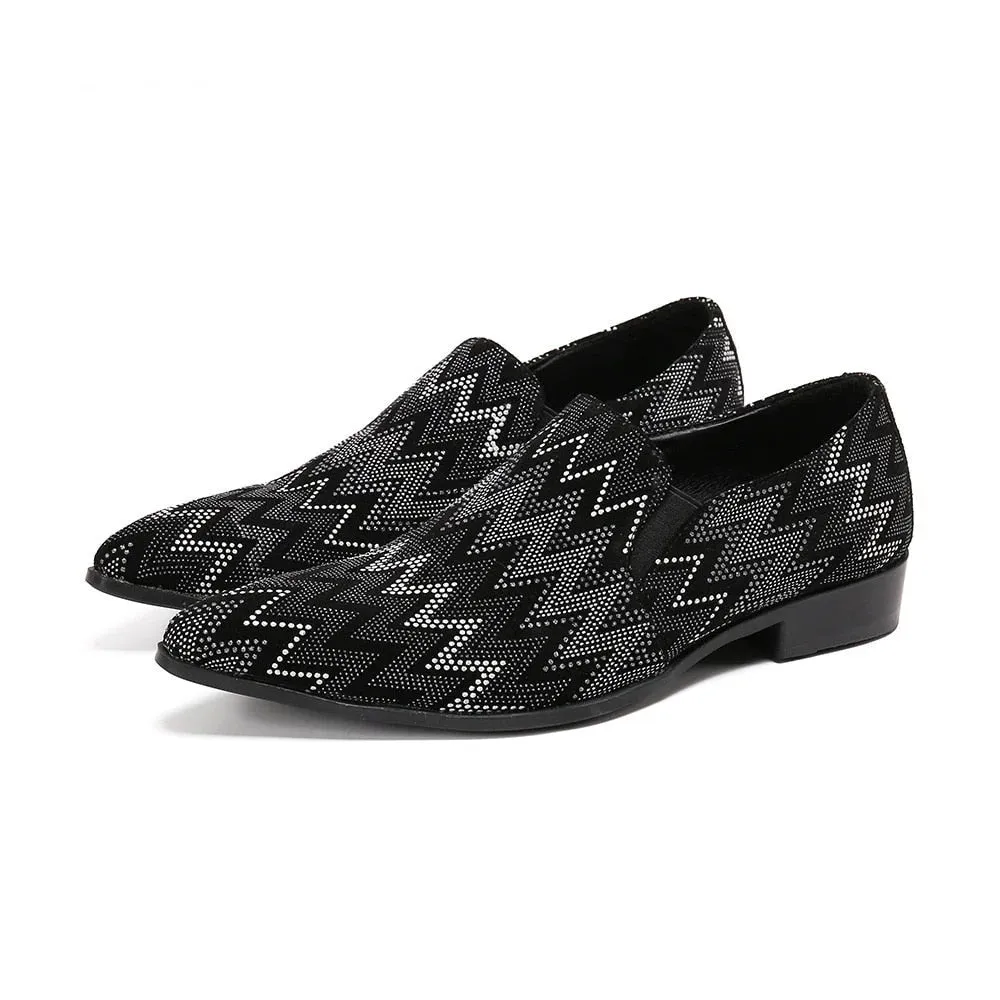 Men's Genuine Leather Slip-On Pointed Toe Rhinestones Casual Shoes