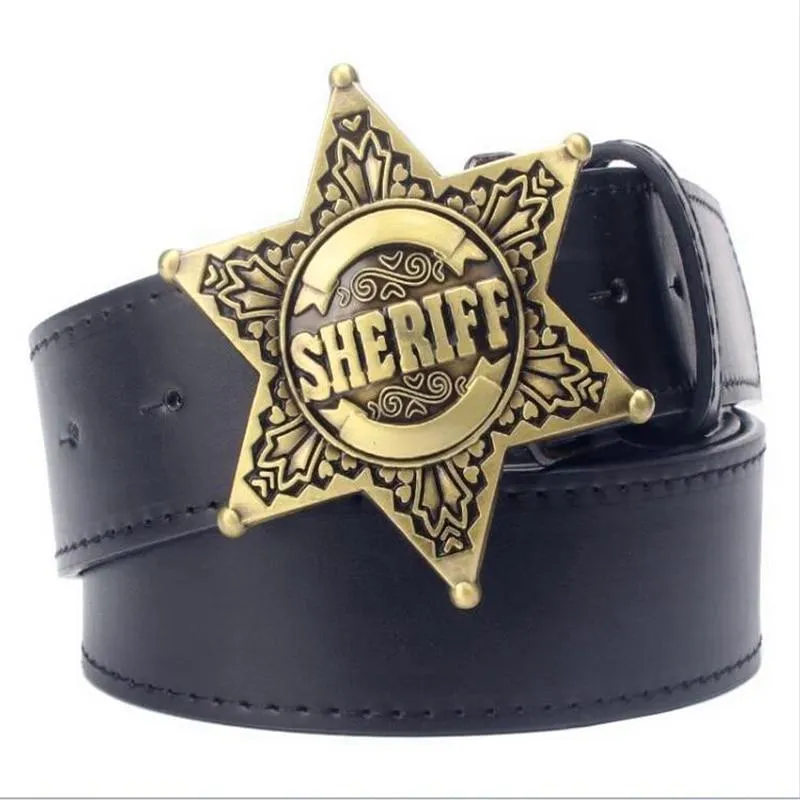 Men's Metal Buckle Sheriff Badge Hexagon Star Sign Cowboy Belts