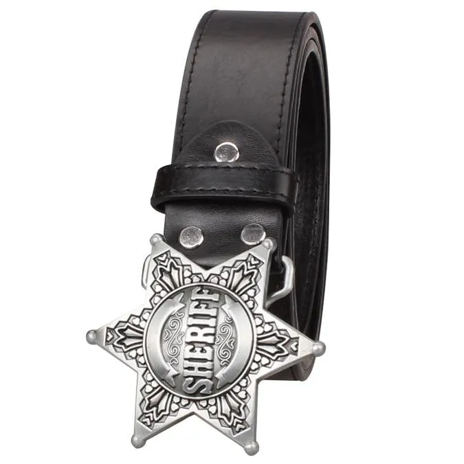 Men's Metal Buckle Sheriff Badge Hexagon Star Sign Cowboy Belts