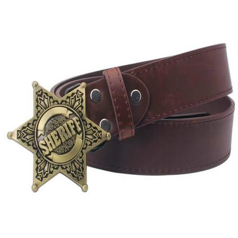 Men's Metal Buckle Sheriff Badge Hexagon Star Sign Cowboy Belts