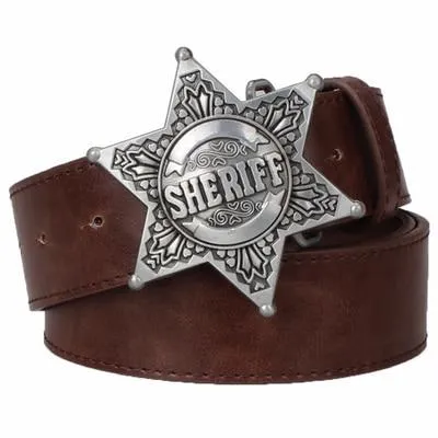 Men's Metal Buckle Sheriff Badge Hexagon Star Sign Cowboy Belts