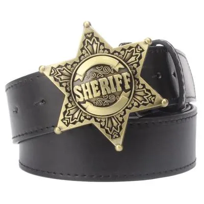 Men's Metal Buckle Sheriff Badge Hexagon Star Sign Cowboy Belts