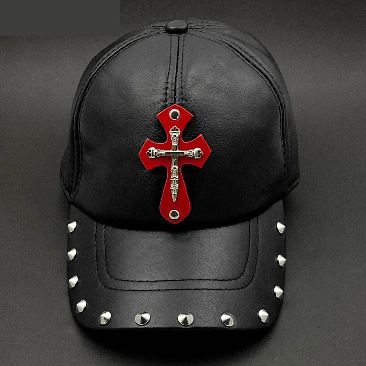 Men's Punk Gothic Cross Genuine Leather Adjustable Baseball Cap