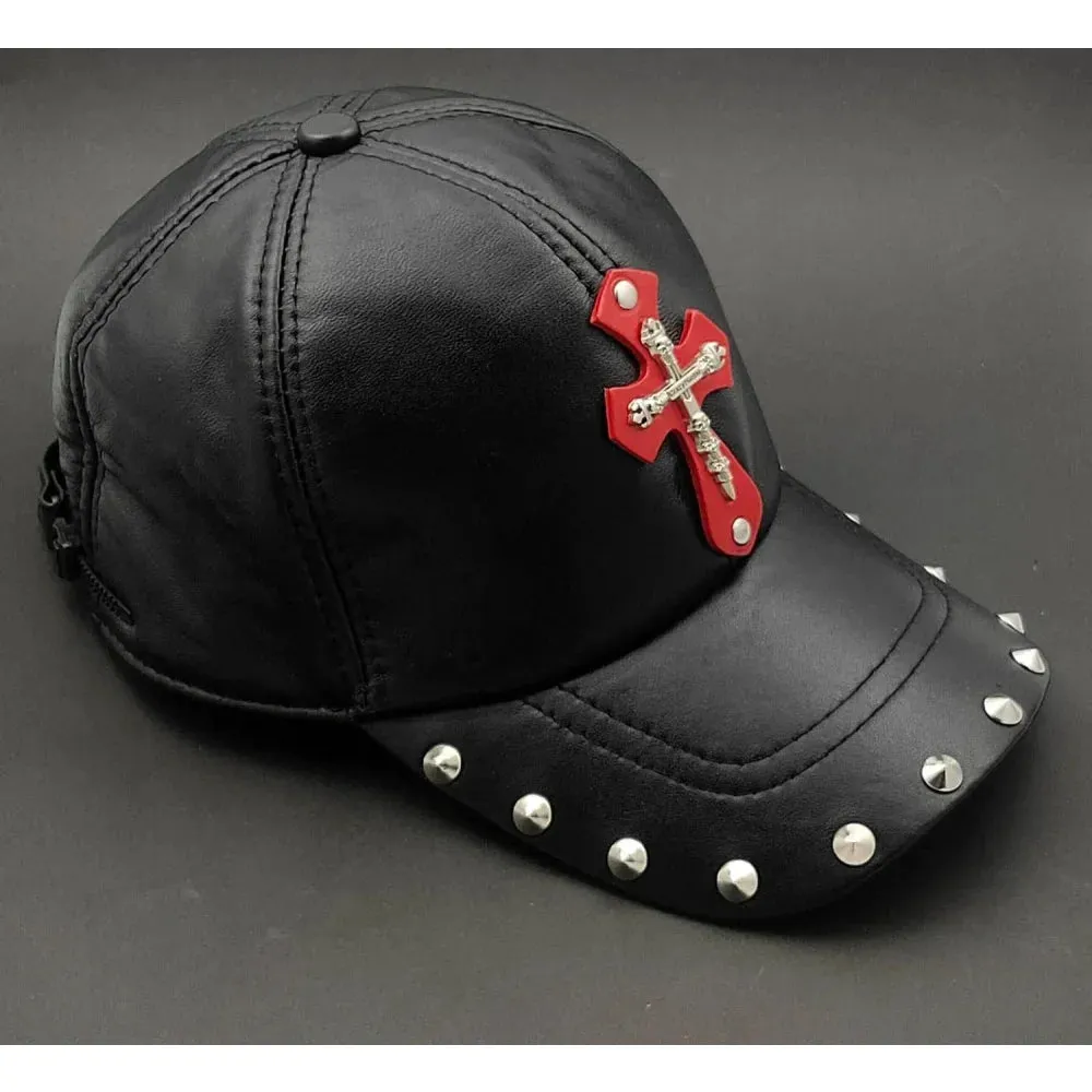 Men's Punk Gothic Cross Genuine Leather Adjustable Baseball Cap