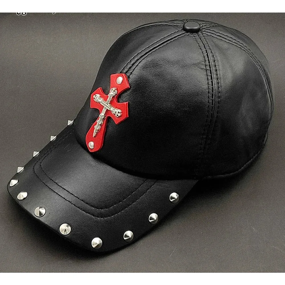 Men's Punk Gothic Cross Genuine Leather Adjustable Baseball Cap