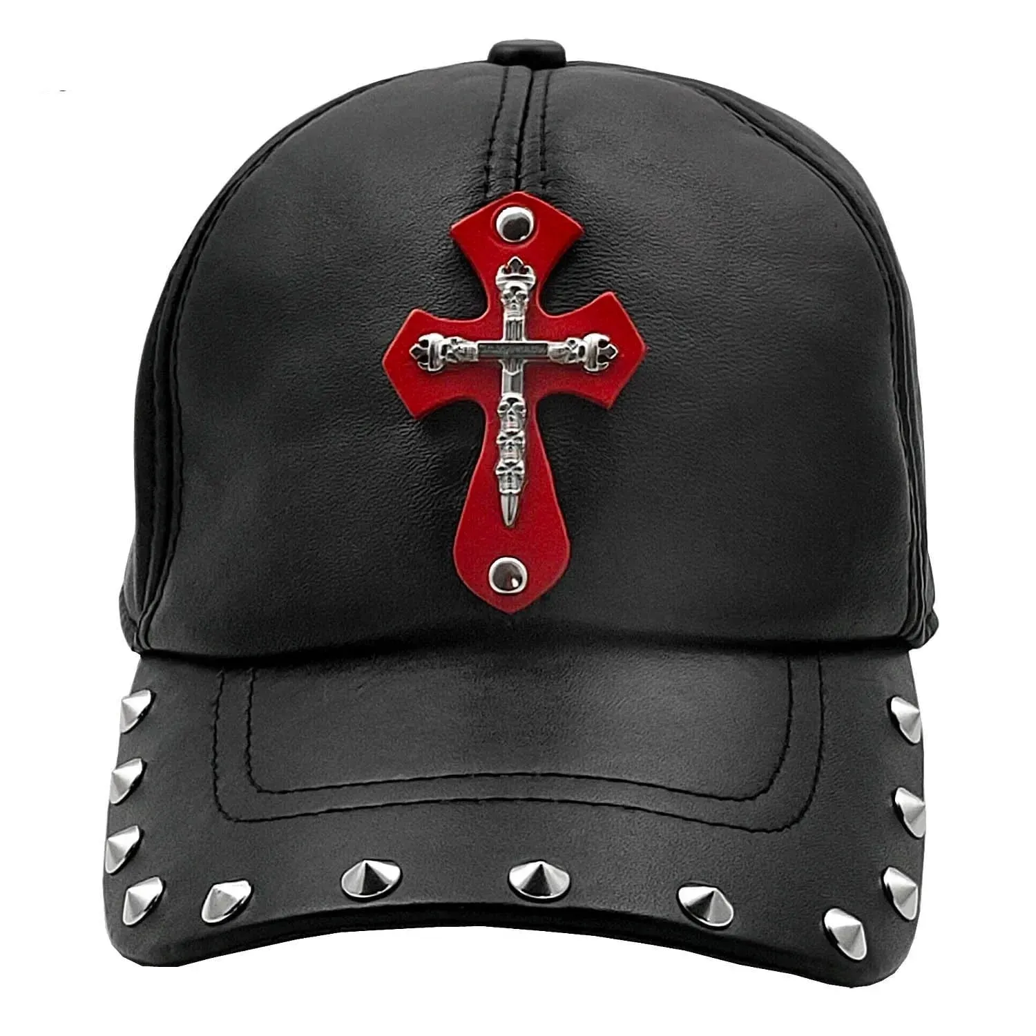 Men's Punk Gothic Cross Genuine Leather Adjustable Baseball Cap