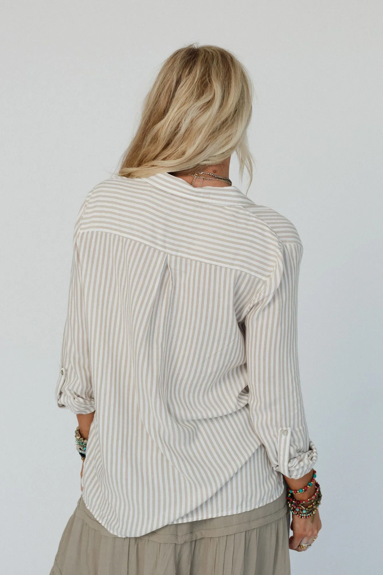 Milan Striped Button Down Top - Taupe