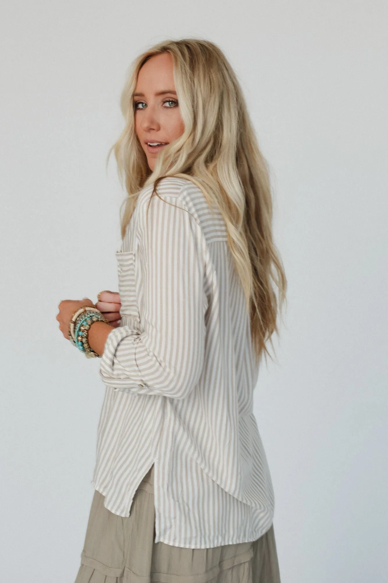 Milan Striped Button Down Top - Taupe