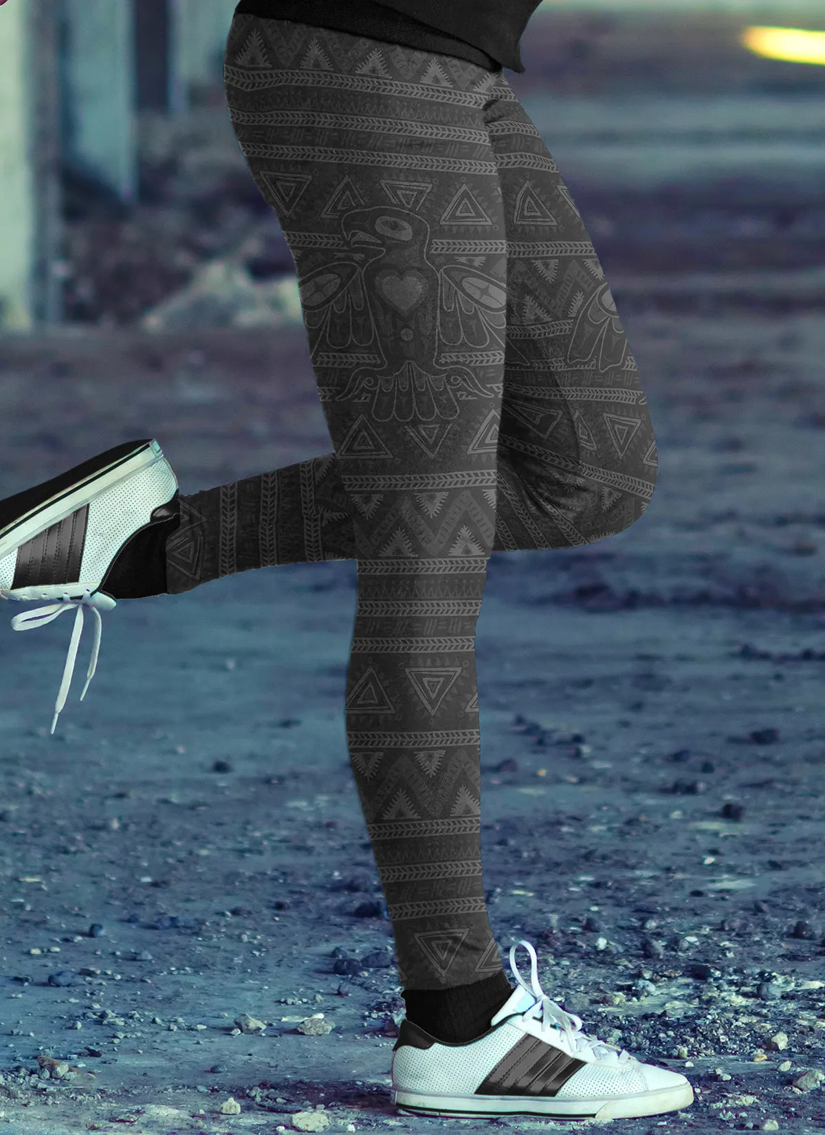 Native Bird Pattern Black Leggings