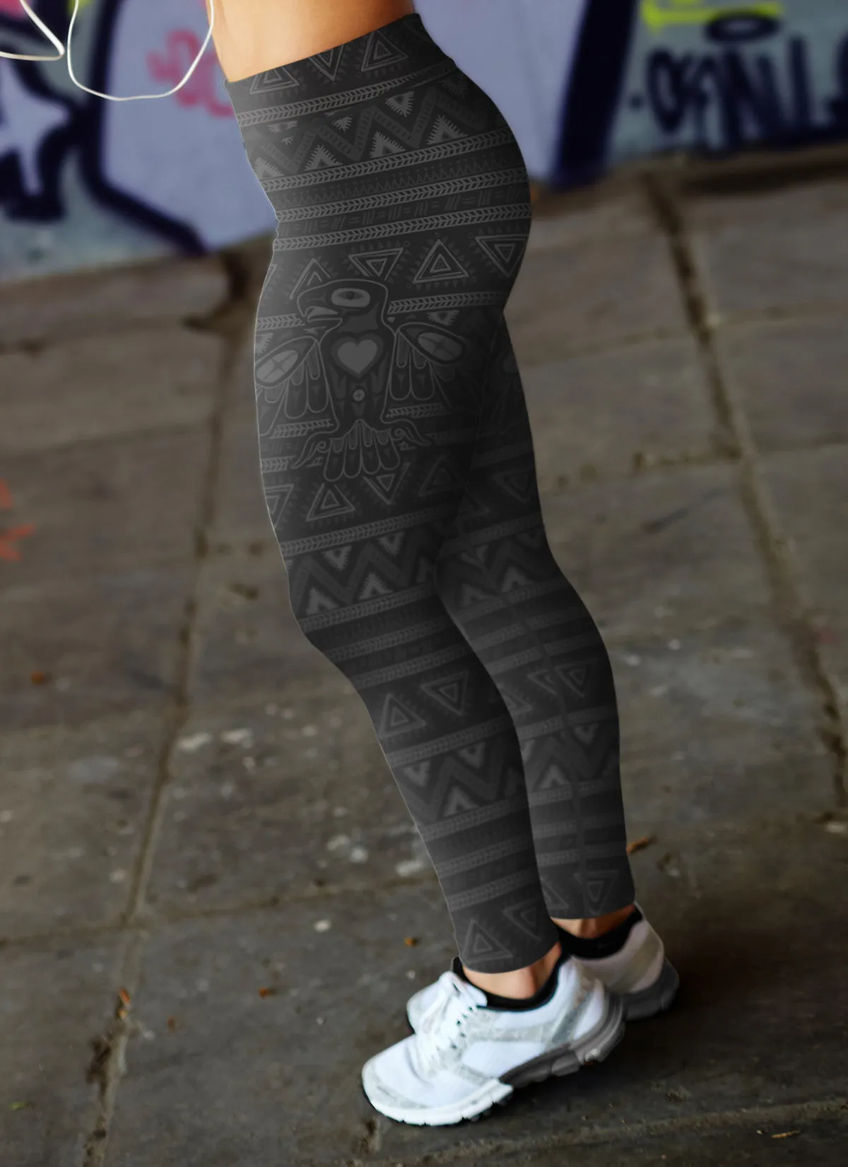 Native Bird Pattern Black Leggings