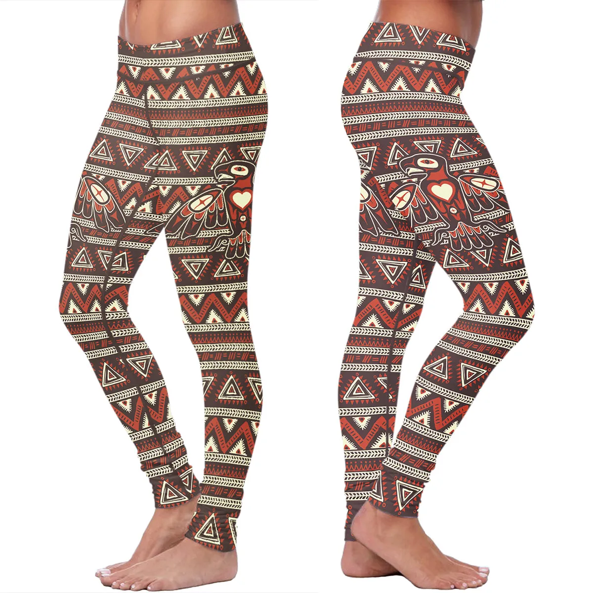 Native Bird Pattern Brown and Orange Leggings