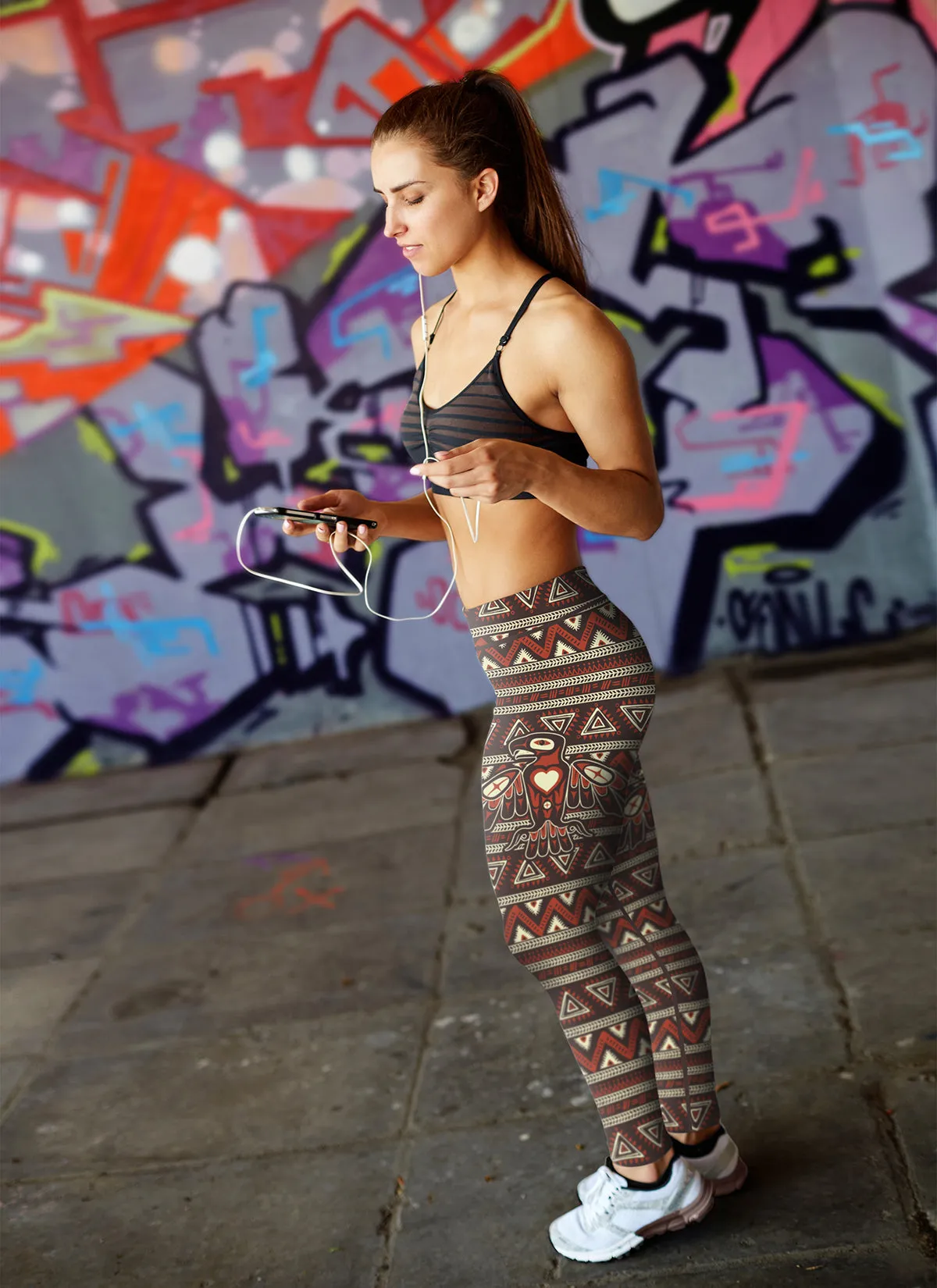 Native Bird Pattern Brown and Orange Leggings